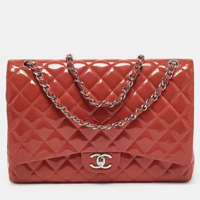 Pre-owned Chanel Coral Red Quilted Patent Leather Maxi Classic Double Flap Bag