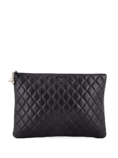 Pre-owned Chanel Cosmo Charms O Case Quilted Lambskin Large Clutch Bag In Black