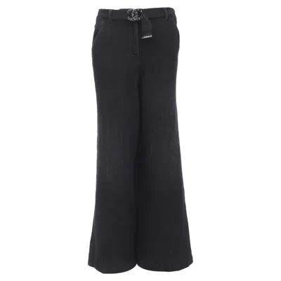 Pre-owned Chanel Cotton Cc Chain Buckle Belt Wide Leg Bell Pants In Black