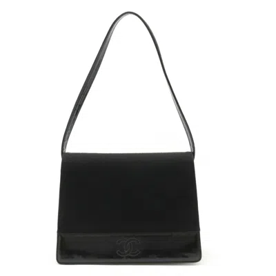 Pre-owned Chanel Cotton Jersey Patent Leather Coco Mark Shoulder Bag In Black