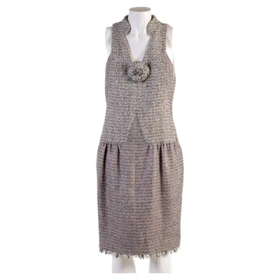 Pre-owned Chanel Cotton Tweed Dress With Camelia Fr 40 Spring 2011 11p In Gray