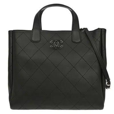 Pre-owned Chanel Covered Cc Shopping Tote Stitched Calfskin Black Leather Tote Bag Bag ()