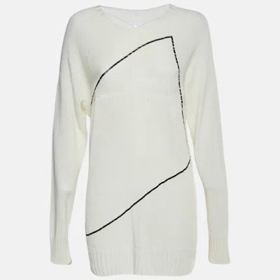 Pre-owned Chanel Cream Abstract Pattern Cotton Knit Sweater L In White