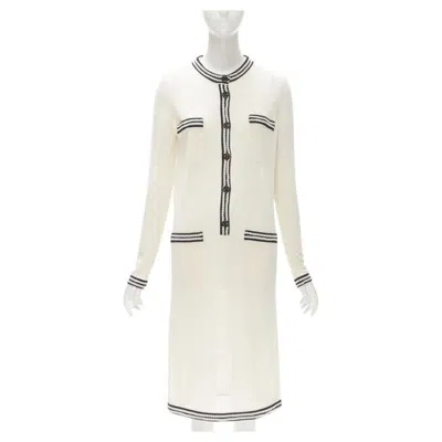 Pre-owned Chanel Cream Beige 4-pocket Black Cc Crochet Knit Midi Dress Fr38 S In White