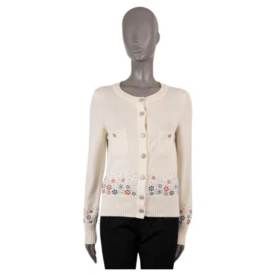 Pre-owned Chanel Cream Cashmere 2012 12c Floral Beaded Cardigan Sweater 36 Xs In White
