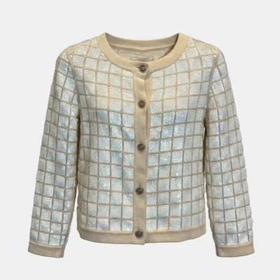 Pre-owned Chanel Cream Cashmere Cardigan With Sequin It 34 In White