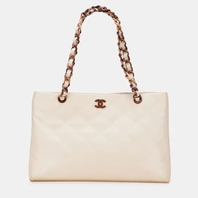 Pre-owned Chanel Cream Cc Quilted Caviar Bekko Chain Tote In White