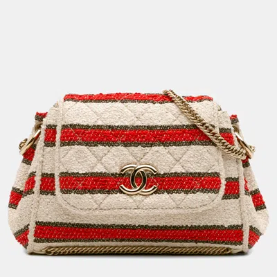 Pre-owned Chanel Cream Cc Quilted Tweed Striped Single Flap In White