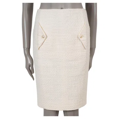 Pre-owned Chanel Cream Cotton 12p Flap Pocket Tweed Pencil Skirt 36 Xs In White
