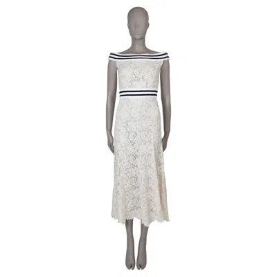 Pre-owned Chanel Cream Cotton 17p Floral Lace Off-shoulder Midi Dress 36 Xs In White