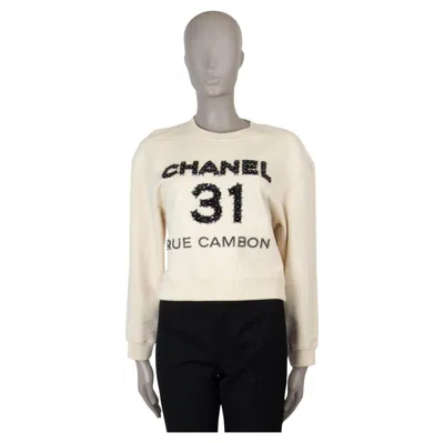 Pre-owned Chanel Cream Cotton 20a Rue Cambon Sequin & Pearl Sweater S In White