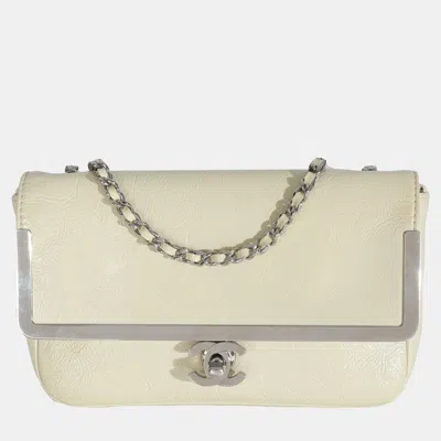Pre-owned Chanel Cream Distressed Patent Calfskin Small Frame Single Flap Bag In White