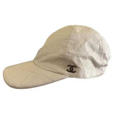 Pre-owned Chanel Cream Ivory Cow Leather Cc Logo Baseball Cap, Size S, Made In Italy In White