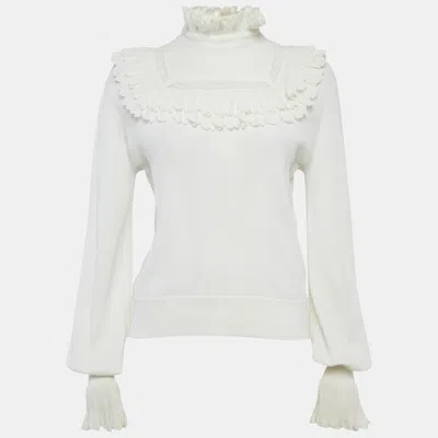 Pre-owned Chanel Cream Knit Frill Detail Jumper M In White