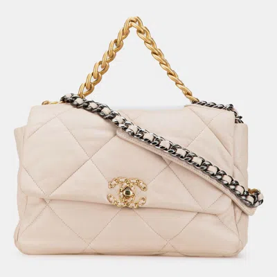 Pre-owned Chanel Cream Large Lambskin 19 Flap In White