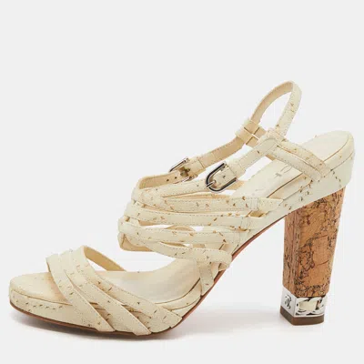 Pre-owned Chanel Cream Leather Chain Embellished Cork Block Heel Strappy Sandals Size 38.5