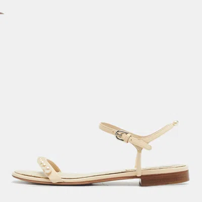 Pre-owned Chanel Cream Leather Pearl Embellish Ankle Strap Flat Sandals Size 37 In White
