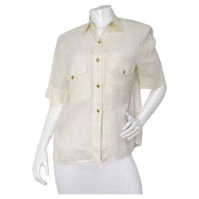 Pre-owned Chanel Cream Linen Interlocking Cc Button-up Short Sleeve Blouse Circa 1980s In White