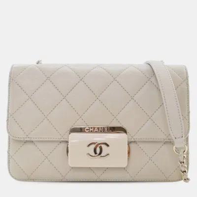 Pre-owned Chanel Cream Mini Sheepskin Beauty Lock Flap In White