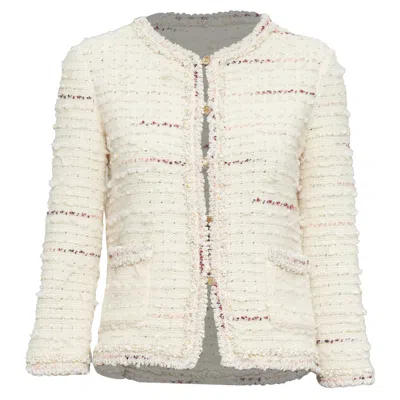Pre-owned Chanel Cream Pink Tweed Cc Cardigan In White