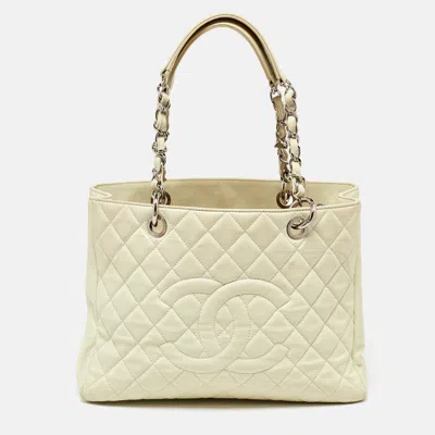 Pre-owned Chanel Cream Quilted Caviar Leather Cc Gst Tote