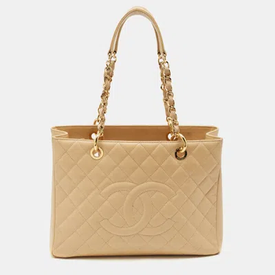 Pre-owned Chanel Cream Quilted Caviar Leather Grand Shopper Tote