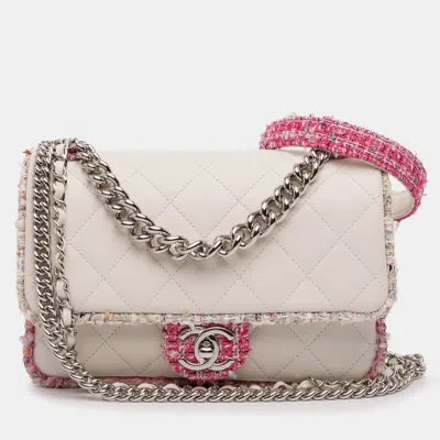 Pre-owned Chanel Cream Quilted Lambskin And Tweed Elegant Trim Flap In White