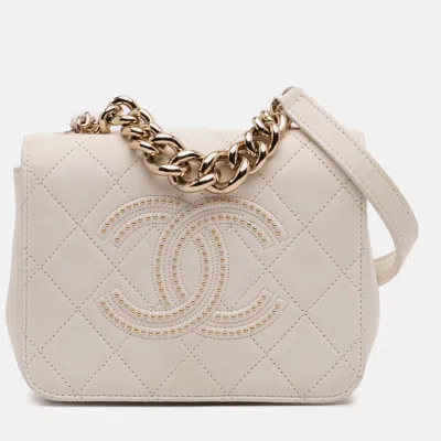 Pre-owned Chanel Cream Quilted Lambskin Studded Beauty Begins Flap In White