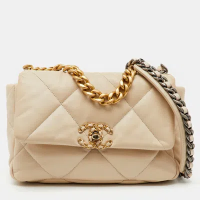 Pre-owned Chanel Cream Quilted Leather Small 19 Flap Bag