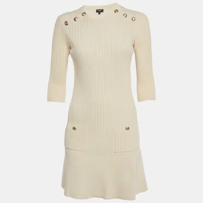Pre-owned Chanel Cream Rib Knit Crew Neck Mini Dress S In White