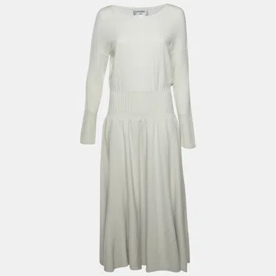 Pre-owned Chanel Cream Ribbed Knit Long Sleeves Midi Dress M