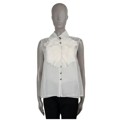 Pre-owned Chanel Cream Silk 15k Pleated Organza Blouse Shirt 40 M In White