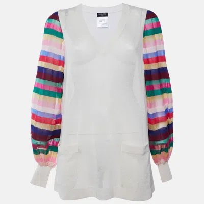 Pre-owned Chanel Cream Silk Knit Striped Sleeve Sweater L In White