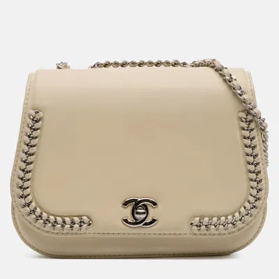 Pre-owned Chanel Cream Small Calfskin Braided Chic Flap Bag In White