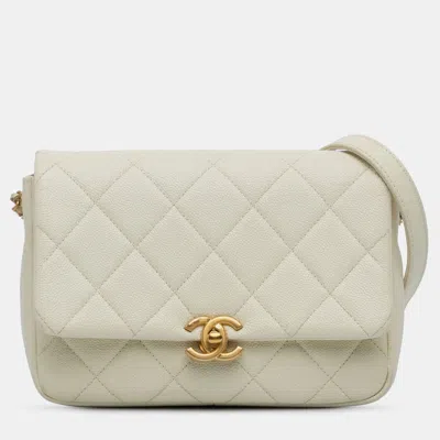 Pre-owned Chanel Cream Small Quilted Caviar Chain Melody Flap In White