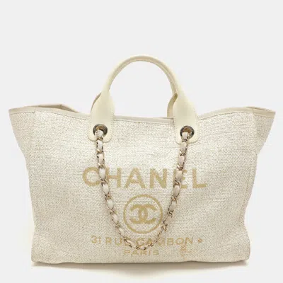 Pre-owned Chanel Cream Tweed And Leather Deauville Tote In White
