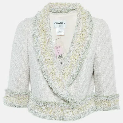 Pre-owned Chanel Cream Tweed Crop Jacket L In White