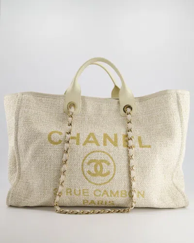 Pre-owned Chanel Cream Tweed Large Deauville Tote Bag With Gold Fabric Detail & Champagne Gold Hardware In White