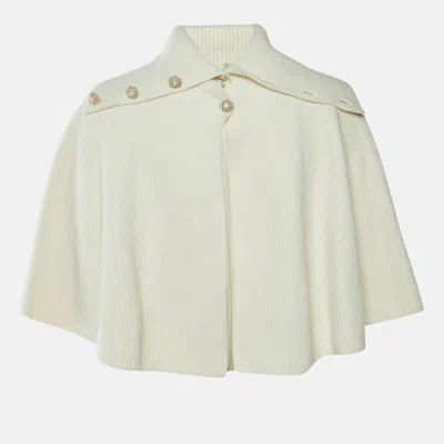 Pre-owned Chanel Cream Wool Rib Knit Button Detail Cape M