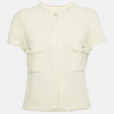 Pre-owned Chanel Cream Wool Tweed Button Front Cropped Jacket M In White