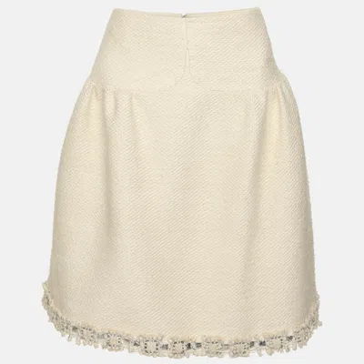 Pre-owned Chanel Cream Woven Silk Midi Skirt M In White