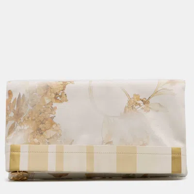 Pre-owned Chanel Cream Xl Printed Canvas And Striped Lambskin Foldover Clutch In White