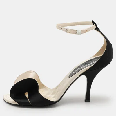 Pre-owned Chanel Cream/black Satin Bow Ankle Strap Sandals Size 36