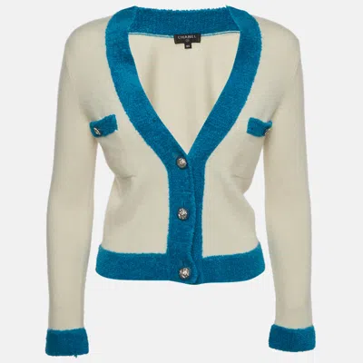 Pre-owned Chanel Cream/blue Knit Button Front Cardigan S