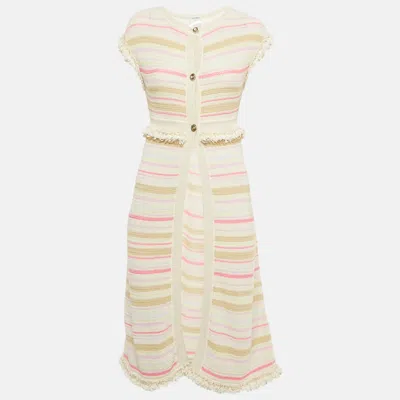 Pre-owned Chanel Cream/pink Striped Knit Short Sleeve Cardigan S In White