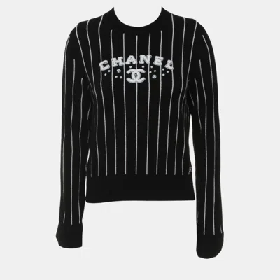 Pre-owned Chanel Crew Neck Stripes Logo Sweater In Black