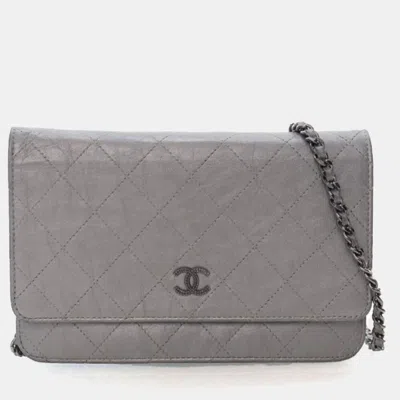 Pre-owned Chanel Crinkled Grey Calfskin Wallet On Chain (woc) In Gray