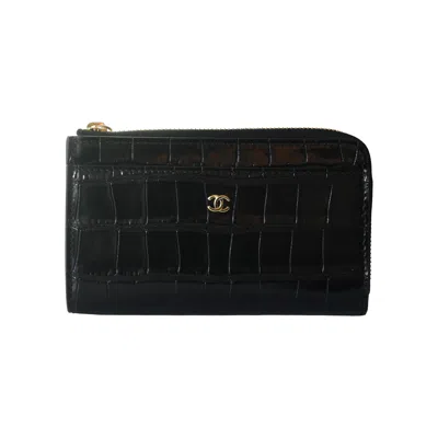 Pre-owned Chanel Crocodile Embossed Calfskin Fragment Case Zipped Card Holder Black