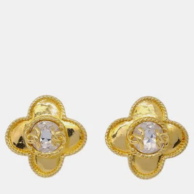 Pre-owned Chanel Cross Earrings Clip-on Rhinestone Gold 95a