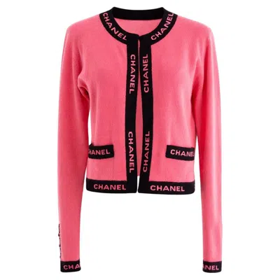 Pre-owned Chanel Cruise 1994/1995 Watermelon Pink Black Cc Logo Cashmere Cardigan